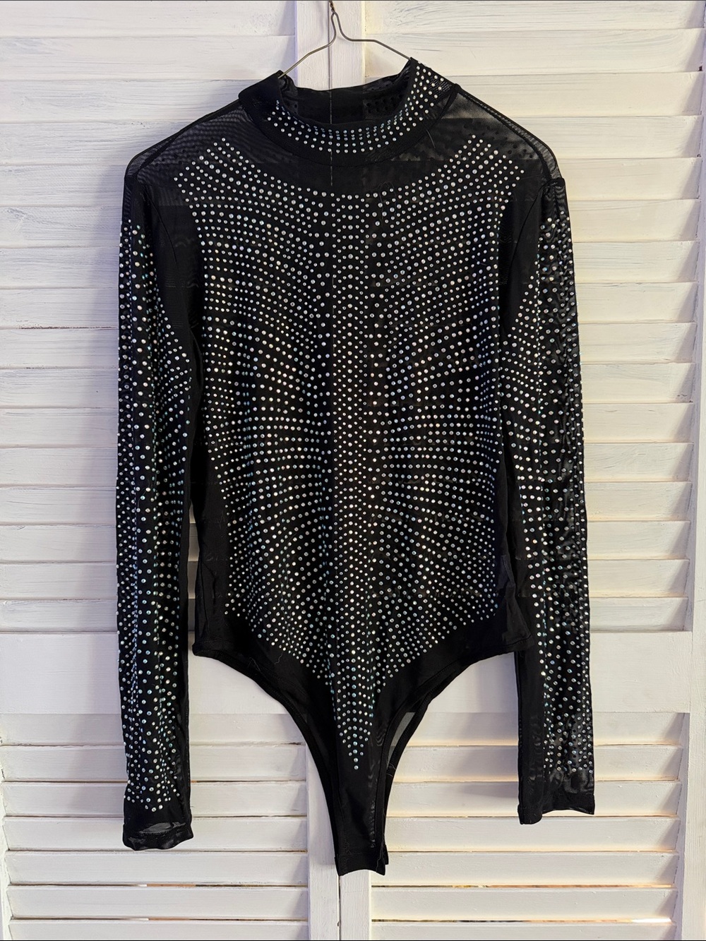 Black Rhinestone-Embellished Long-Sleeve Bodysuit